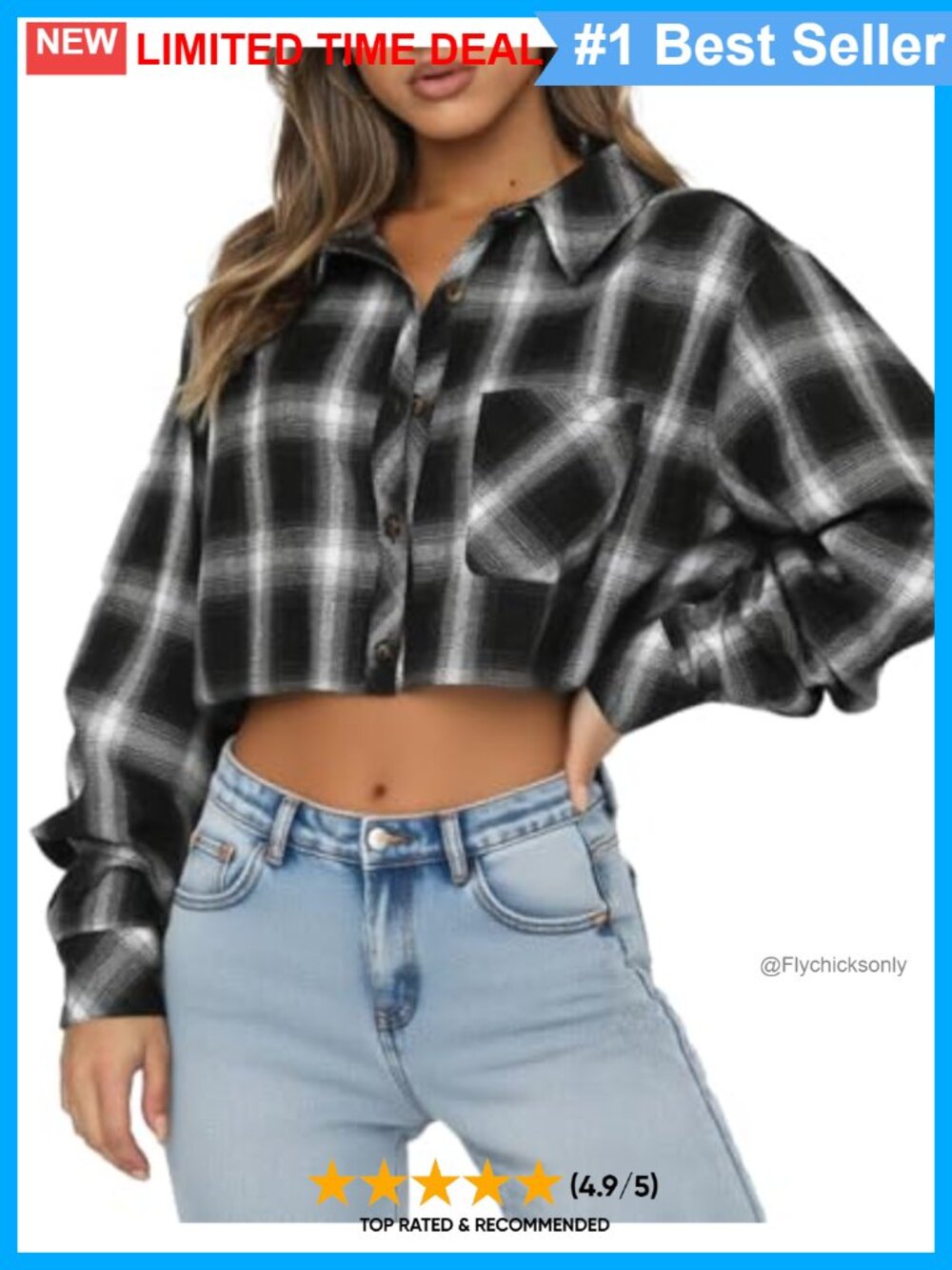 Women's Cropped Flannel Button Down Shirt Buffalo Plaid Long Sleeve